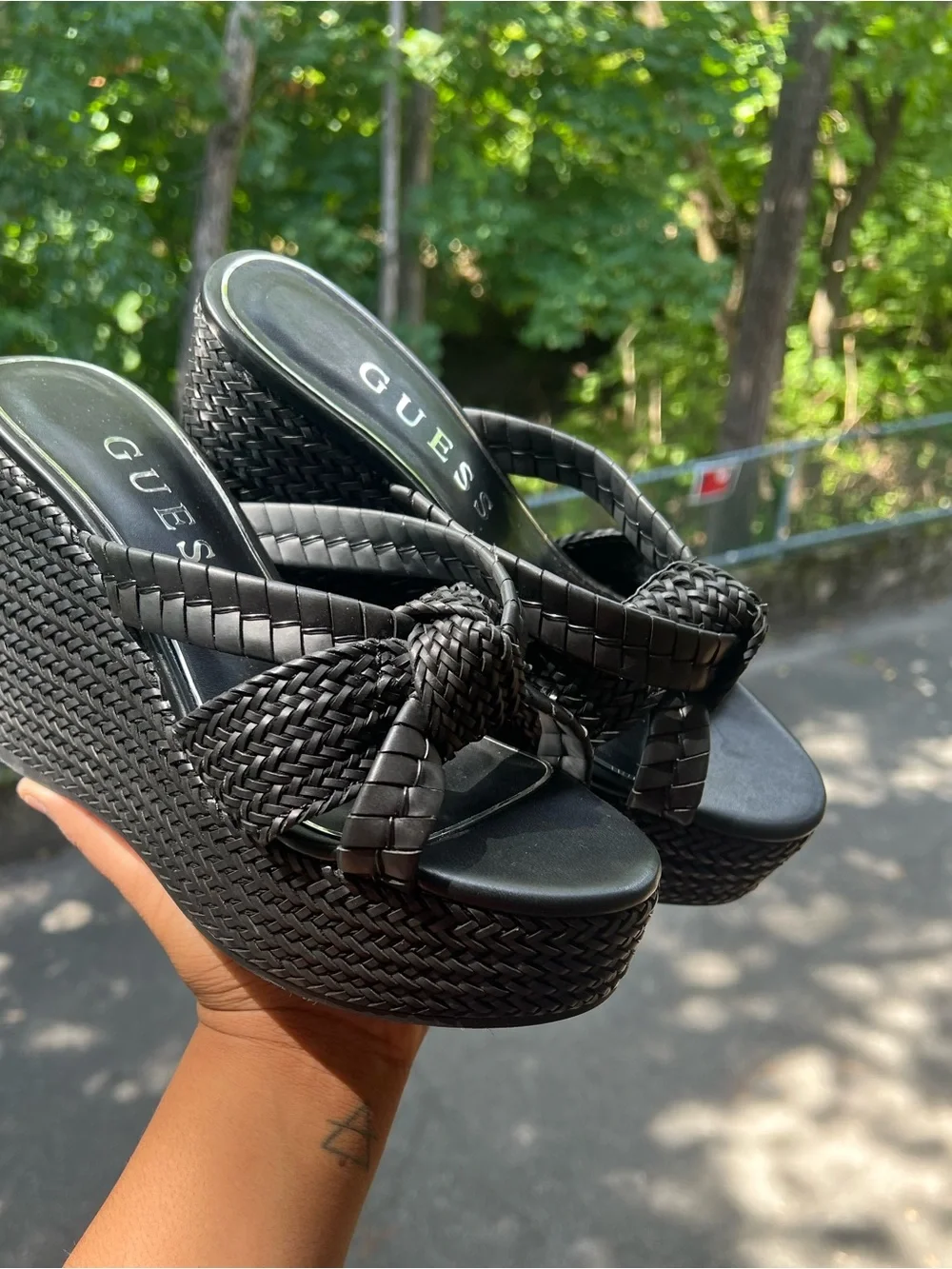 GUESS Black Eveh Knotted Jute Wrapped Platform Wedge Sandals